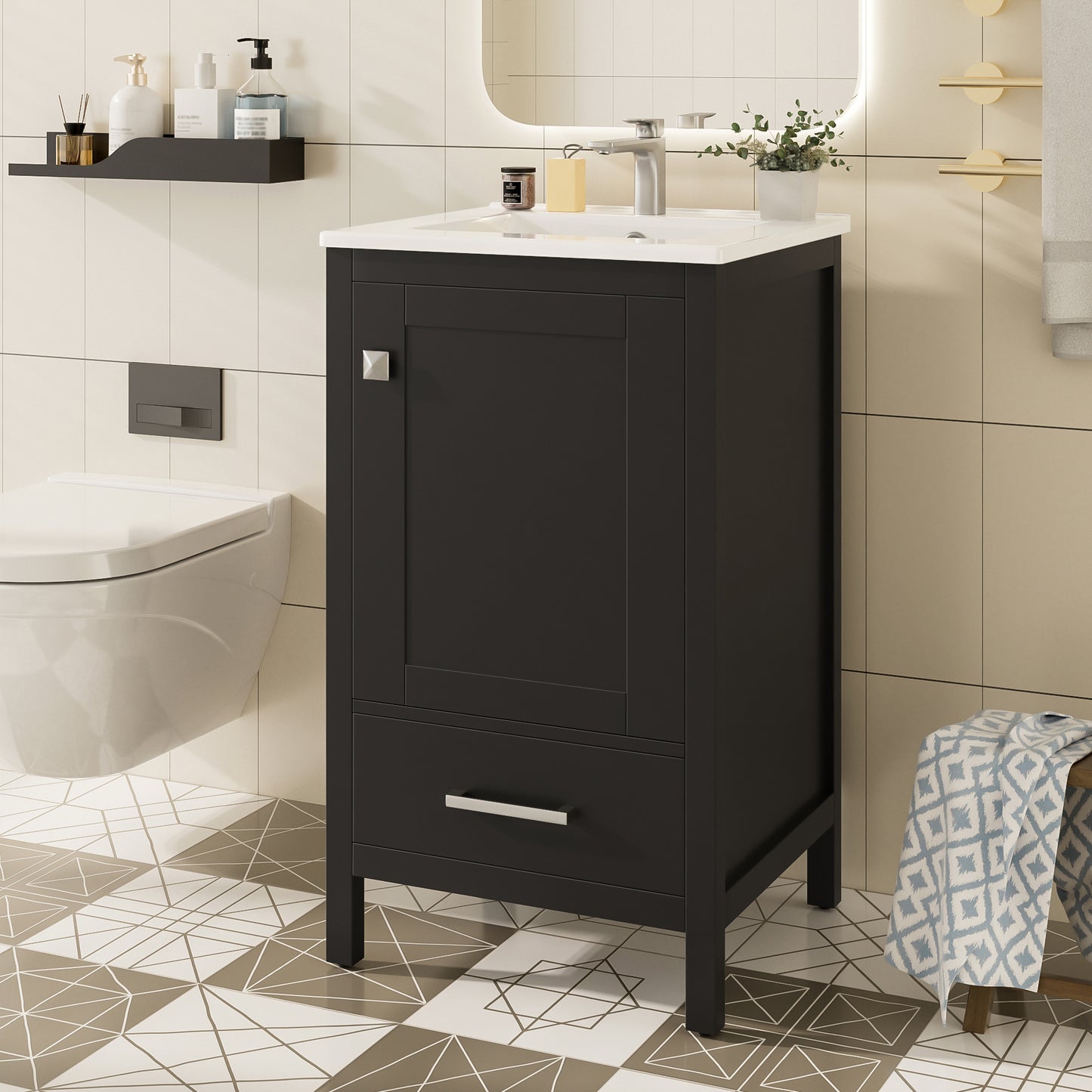 20-Inch Modern Bathroom Vanity With Ceramic Sink, Soft-Close Drawer & Door, Double-Layer Door Organizer, Divider Drawer, Adjustable Foot Pads -Space-Saving Storage Design