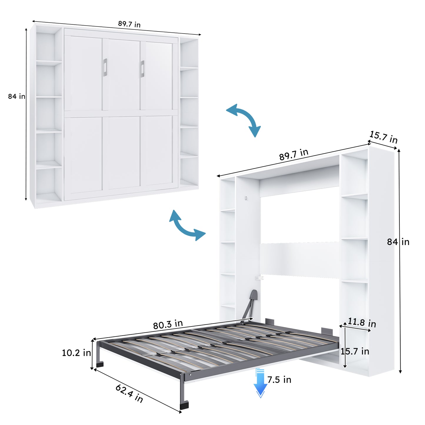 Queen Murphy Bed, 89.7-inch Foldable Wall Bed, With Storage Cabinet, With Hardware Bed Frame And Solid Wood Support Strips, Hidden Bed Frame, Suitable For Bedrooms, Guest Rooms, White