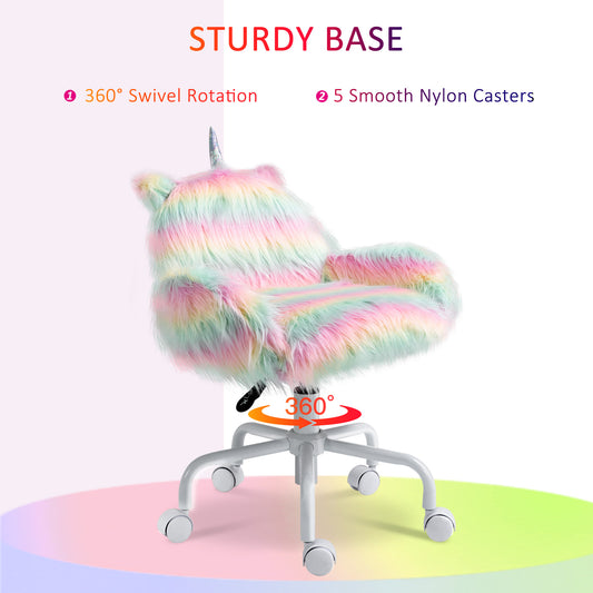 Fluffy Unicorn Office Chair With Mid-Back And Armrest Support, 5 Star Swivel Wheel White Base, Rainbow