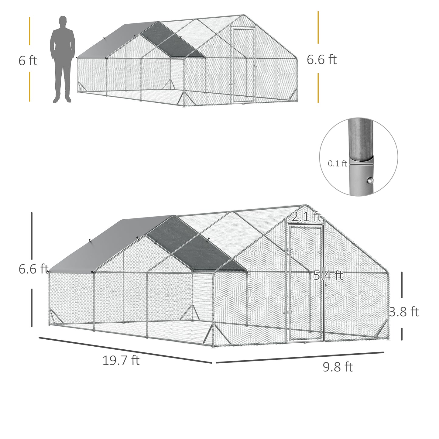 PawHut Large Chicken Coop Metal Chicken Run With Waterproof And Anti-UV Cover, Spire Shaped Walk In Fence Cage Hen House For Outdoor And Yard Farm Use, 1 Tube Diameter, 9.8 X 19.7'X 6.6