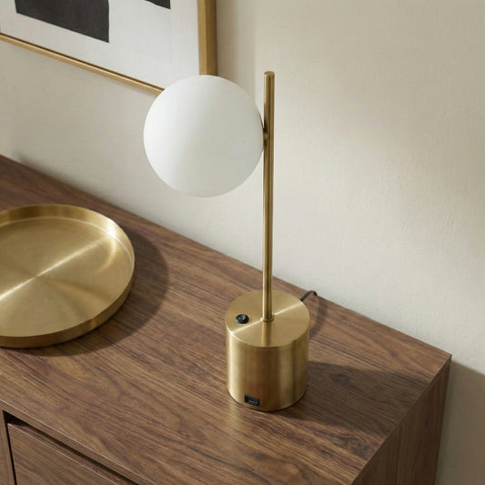 Ethereal Modern Small Brass Metal Table Lamp With White Glass Globe Shade, Elegant Desk Lamp Fixture 22 H X 9.3 W X 5.8 D For Living Room, Desk Lamps For Office Reading