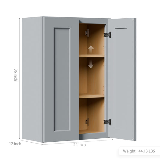 Gray Shaker Solid Wood Wall Cabinet With Soft-Close Doors, Adjustable Shelves - 24 Double Door Storage For Kitchen, Bathroom, Laundry, Garage Easy Assembly, 24 W X 12 D X 36 H