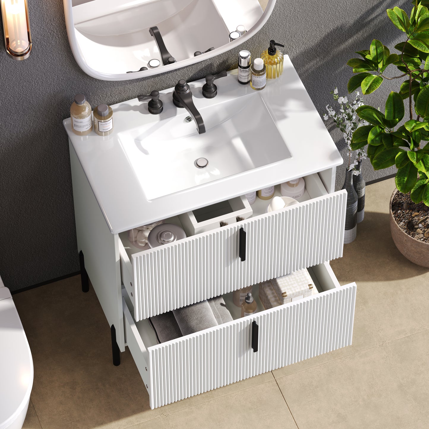 30 Bathroom Vanity With Ceramic Sink And Full-Extension Drawers, Soft Close Undermount Drawer Slides, Fluted Design, White