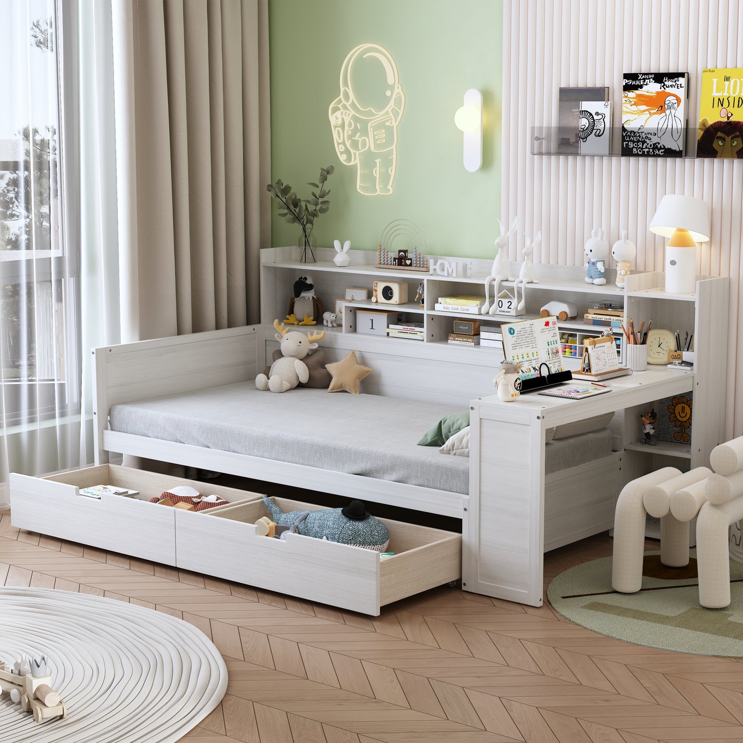 Wooden Twin Size Daybed With Storage Shelves, Multi-functional Bed With Two Storage Drawers And Study Desk, Antique White