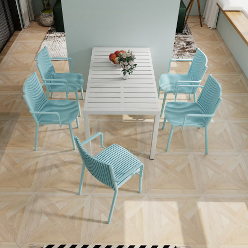 4pcs Modern Stackable Plastic Armchair For Indoor Outdoor Use Ergonomic Slatted Back Design, All Weather PP Material, Light Baby Blue Patio, Balcony, Cafe
