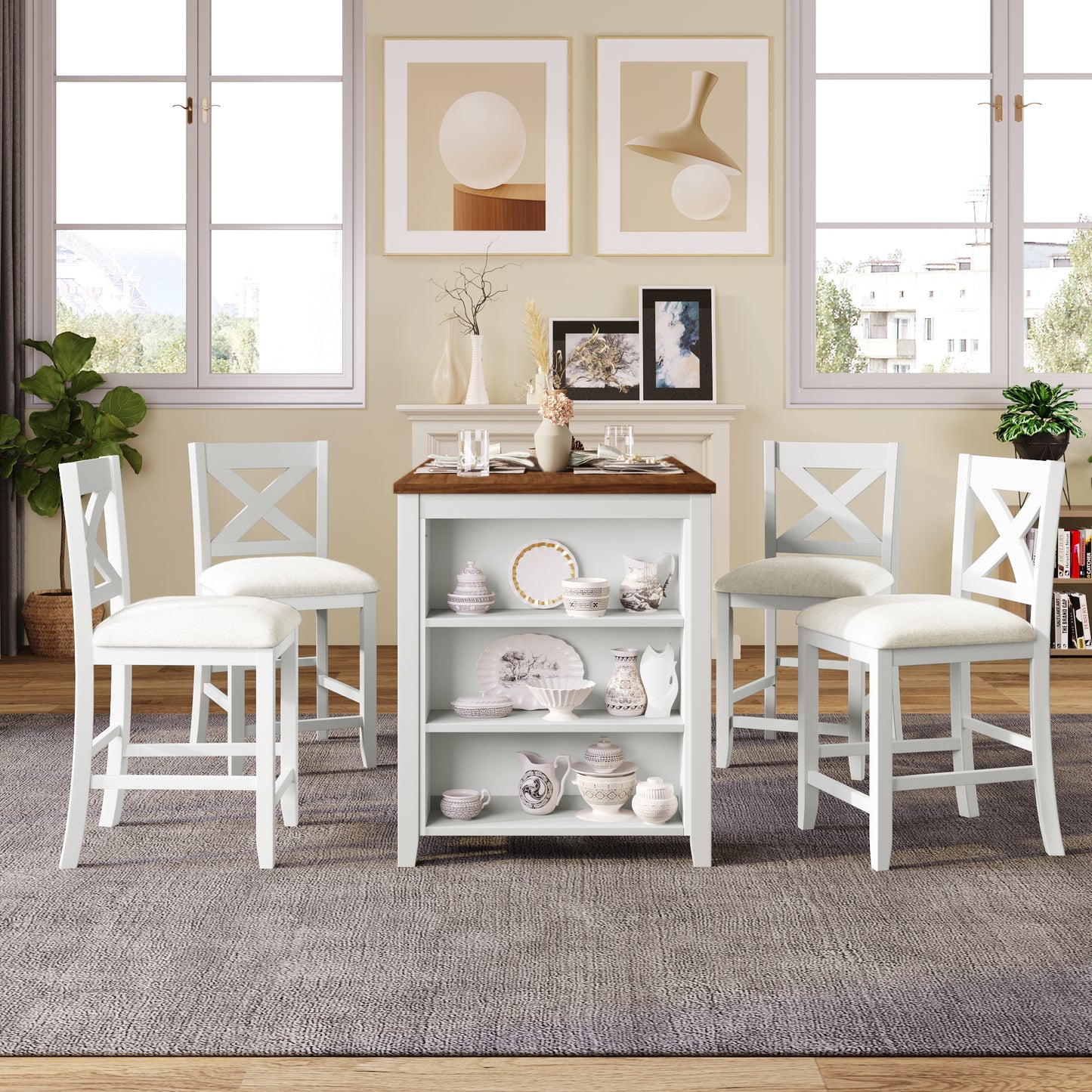TOPMAX 5 Pieces Counter Height Rustic Farmhouse Dining Room Wooden Bar Table Set With 4 Chairs, White Old
