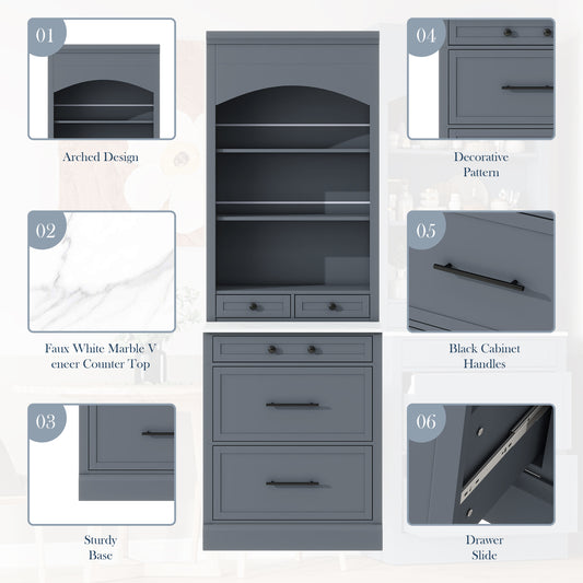 TOPMAx Modern 83.7inch High Kitchen Pantry Freestanding Tall Kitchen Hutch With Faux Marble Top Cupboard Cabinet With 5 Storage Drawers And Adjustable Shelf Set Of 2 Gray