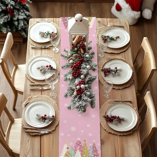 Christmas Table Runner 13x72 Inch, Xmas Trees Snowflakes Holiday Decorative Farmhouse Table Decoration For Kitchen Dinning, Indoor Outdoor Dinner Party Decor