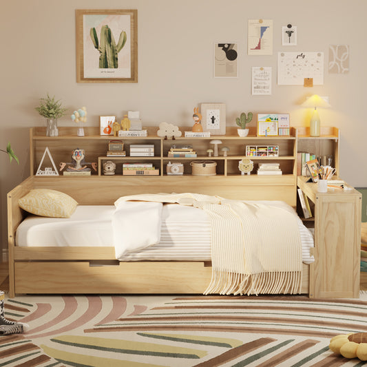 Wooden Twin Size Daybed With Storage Shelves, Multi-functional Bed With Twin Size Trundle Bed And Study Desk, Natural
