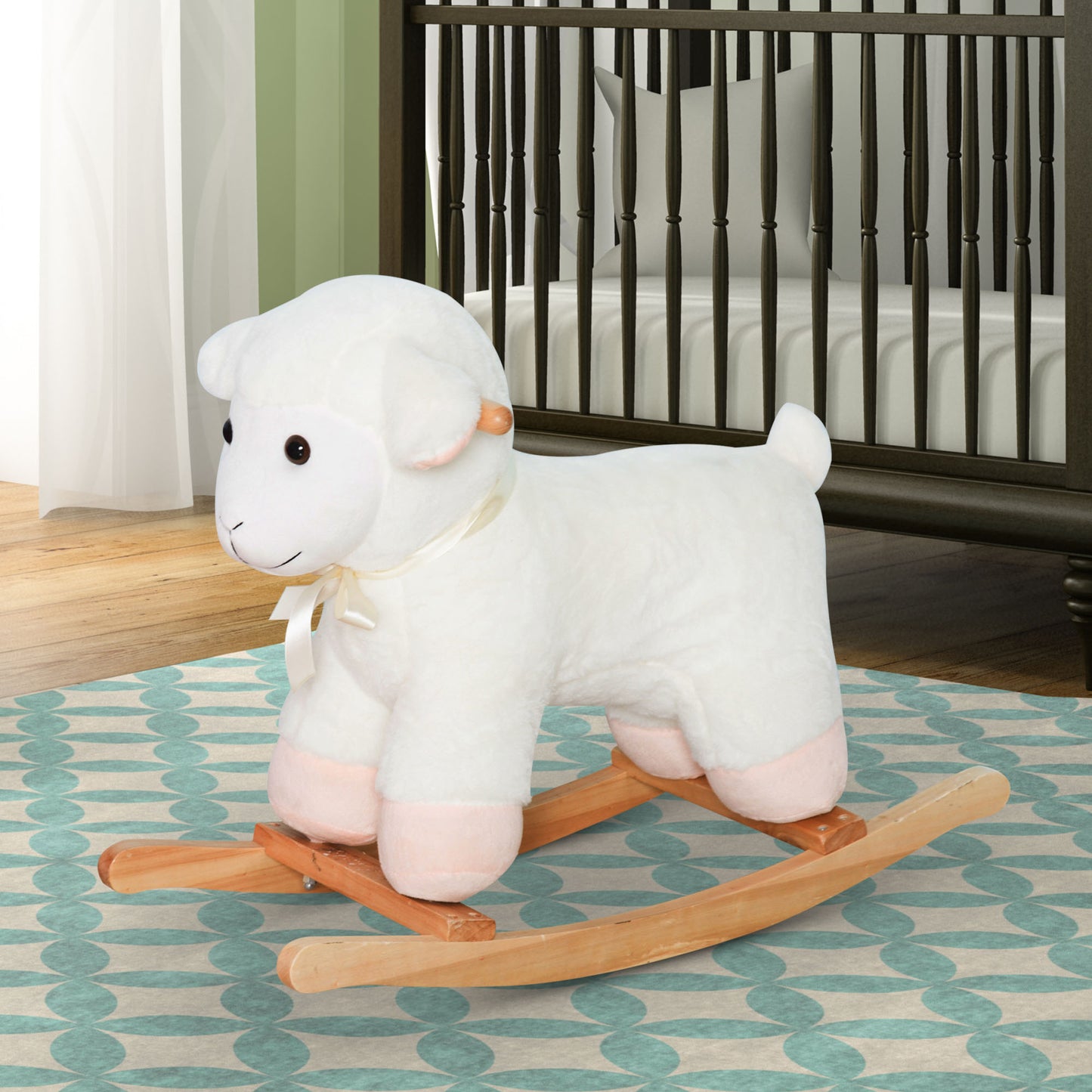 Lamb Rocking Horse Sheep, Nursery Stuffed Animal Ride On Rocker For Kids, Wooden Plush, White
