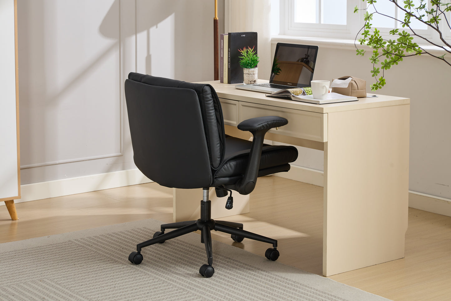 With Flip-Up Armrests Leather, Cross Legged Office Chair On Wheels, Comfy Swivel Chair With Wide Seat For Home Office, Vanity, Ergonomic Desk Chair Adjustable, Black