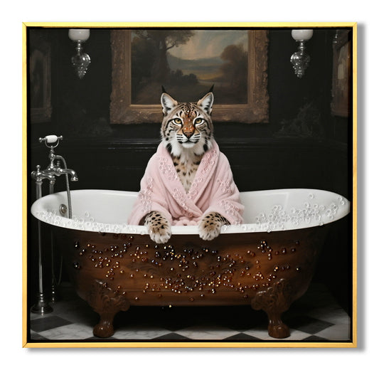 Tiger In Bathtub Wall Art Print Poster, Bathroom Decor Posters Prints For Restroom Home Picture Painting Artwork Gallery 1 Tiger, 16 X 16 Inches, Wood Frame