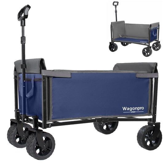 Upgraded 5x2 Wide Wheels All- In- One Convertible Folding Trolley With Full- Side Opening & Dog Leash Versatile Seating & Storage 220Lbs Capacity For Camping Beach Shopping Dark Blue