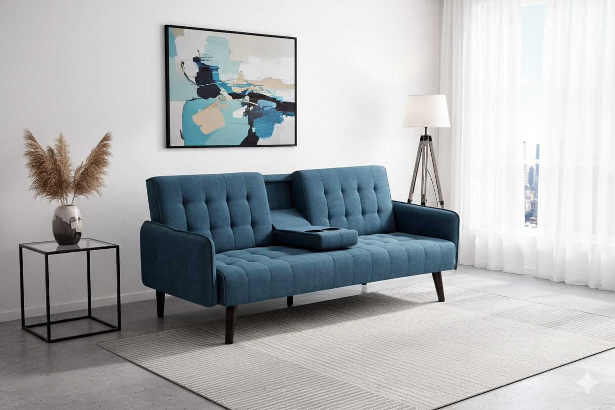 72 Sleeper Sofa Bed - Convertible Folding Backrest To Full Bed With Cup Holder & Drop-Down Table - Space Saving Linen Sofa For Small Spaces - Easy Assembly, Blue
