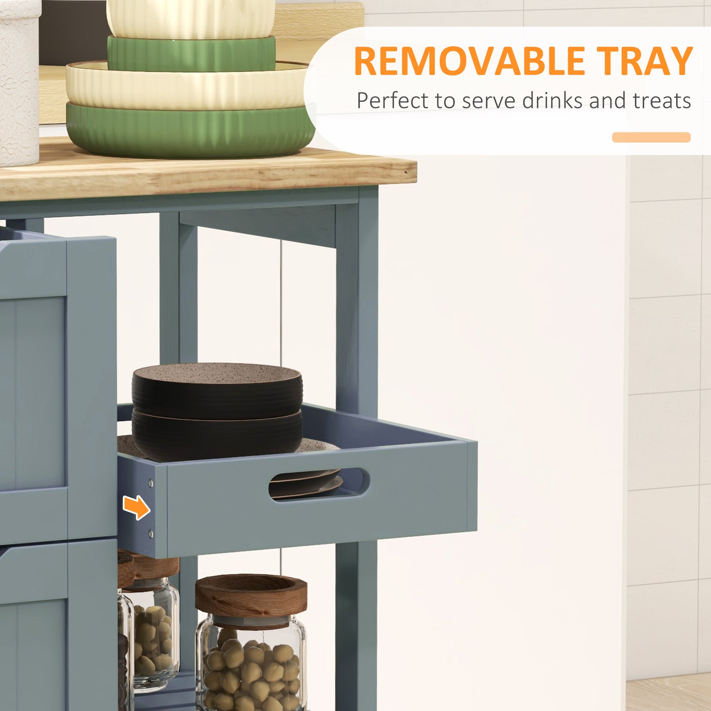Rolling Kitchen Cart, Kitchen Island With Wood Top, Shelves & Drawers For Dining Area, Gray