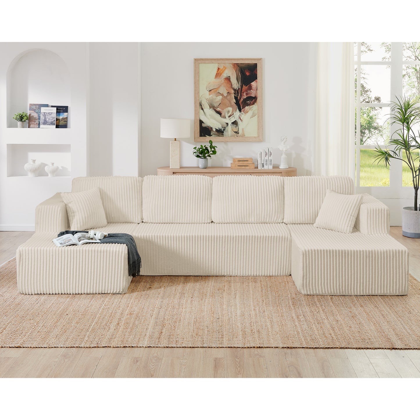 U Shape Modular Sectional Sofa, Compressed Sectional Sofa Modern Minimalist Style Corduroy Couch, Sleeper Sofa For Living Room, Bedroom, Comfy Compressed Sofa Couch Space-Efficient Design-beige