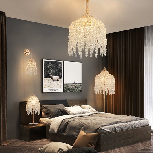 3-Light Elegant Crystal Floor Lamp Vintage Waterfall Design With Grape-Shaped Crystal Bead Strings And Marble Texture Base For Living Room, Bedroom, Or Office Decor Bulb Not Included