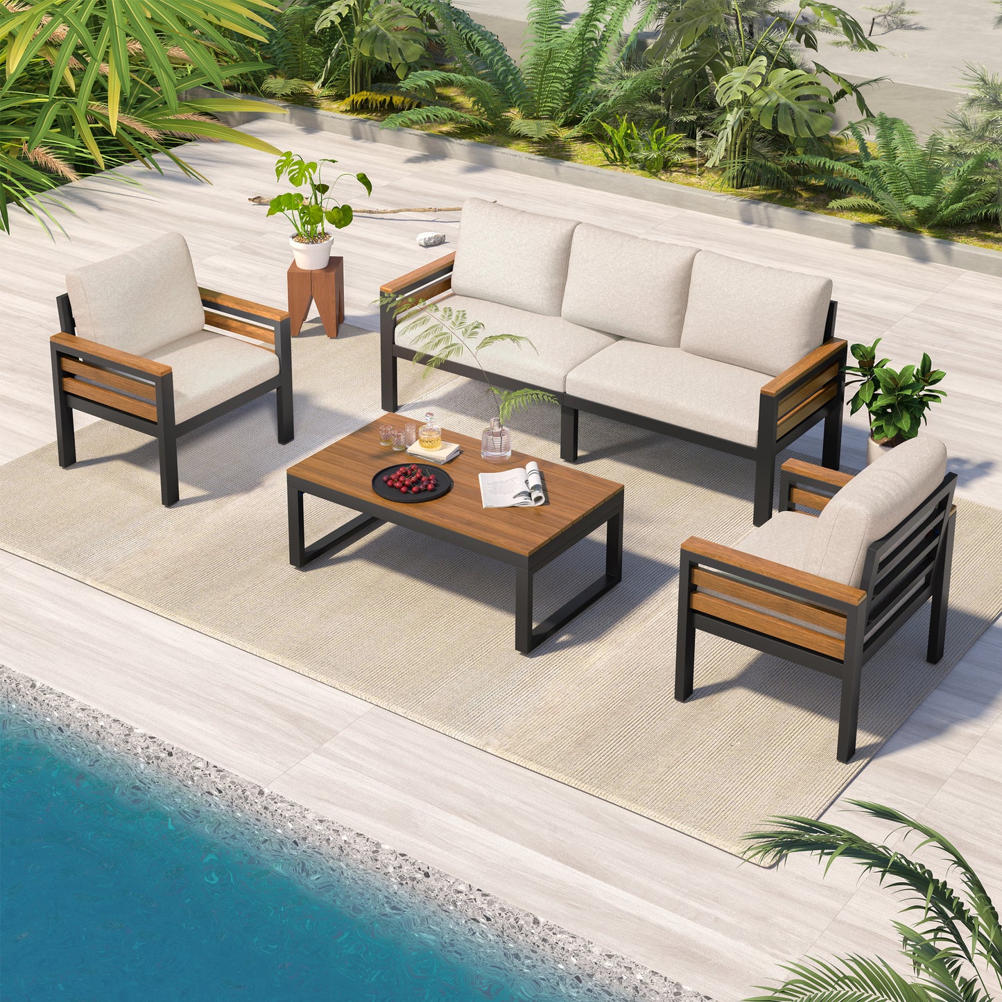 GO 4-Piece Outdoor Furniture Sofa Set For 5 People With Acacia Wood Armrests, Patio Conversation Set With Removable Cushion And Solid Wood Coffee Table For Garden,Beige