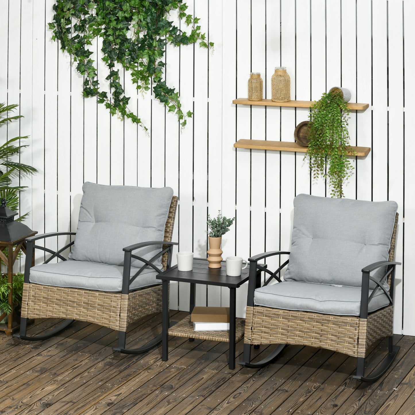3 Piece Patio Rocking Chair Set, Outdoor Wicker Bistro Set With 2 Oversize Cushioned Porch Rockers And 2 Tier Coffee Table For Garden, Porch, Backyard, Light Gray