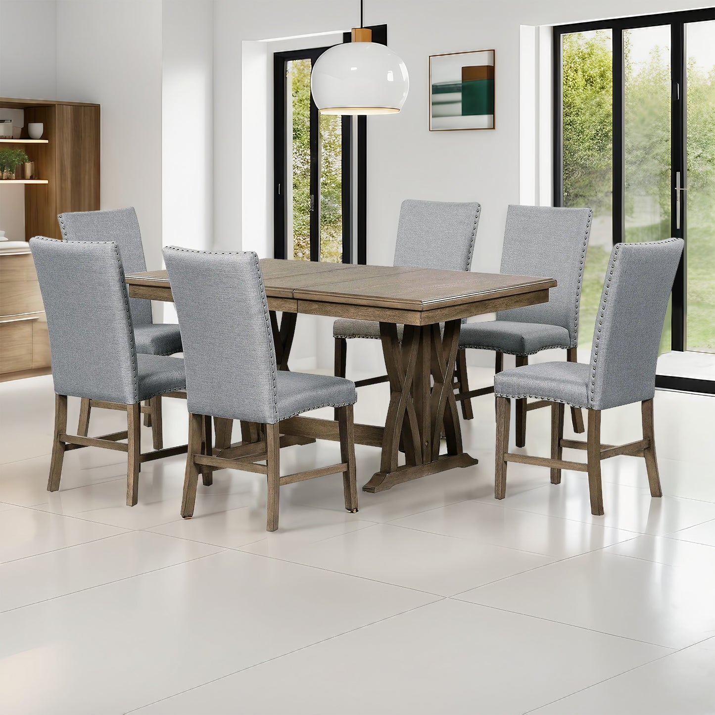 TOPMAx Mid- Century Solid Wood 7- Piece Dining Table Set Extendable Kitchen Table Set With Upholstered Chairs And 12 Leaf For 6 Golden Brown Gray Cushion