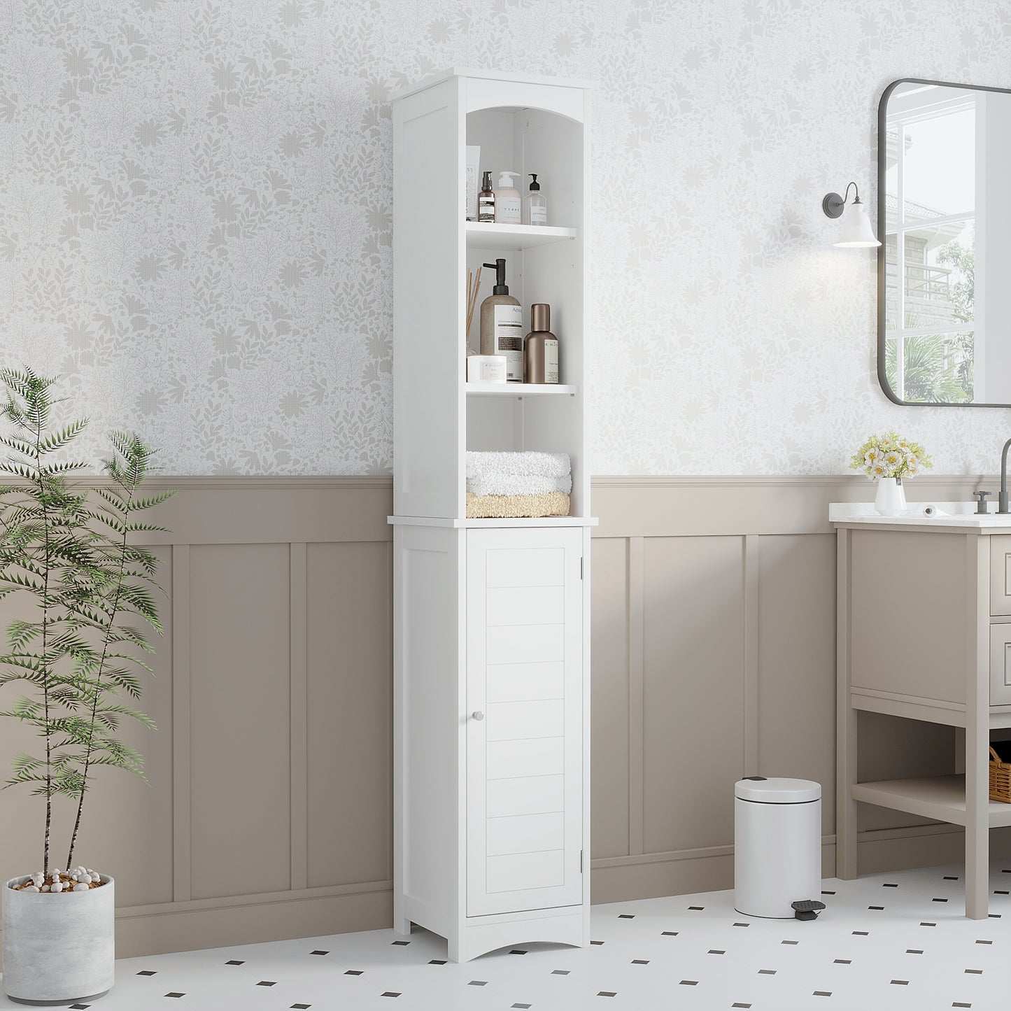64.17' Tall Bathroom Storage Cabinet With Adjustable Shelves,Slim 1 Doors Freestanding Cabinet With Anti-Tip, Open Compartments, For Home, Small Spaces, Bathroom,Kitchen,