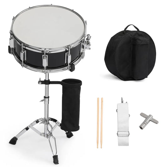 14 X 5.5in Snare Drum Set With Drumstick Holder, Snare Drum Bag, Strap, Mute Pad & Drum Stick For Beginner Student Black