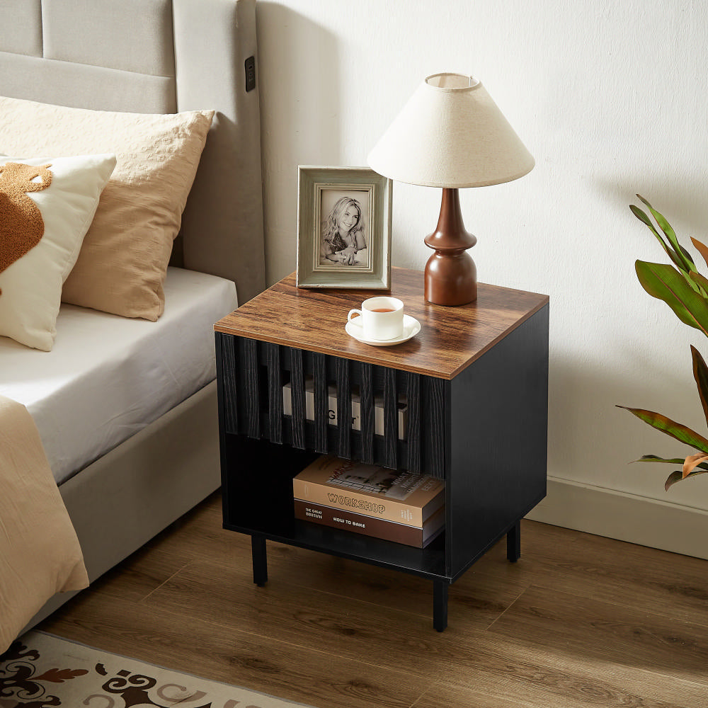 2 Set Nightstands With Grille Striped Doors, Mid Century Modern Nightstand, Bedside Table With Slatted Drawer Decor, End Tables Bedroom With Metal Legs, Night Stand For Bedroom
