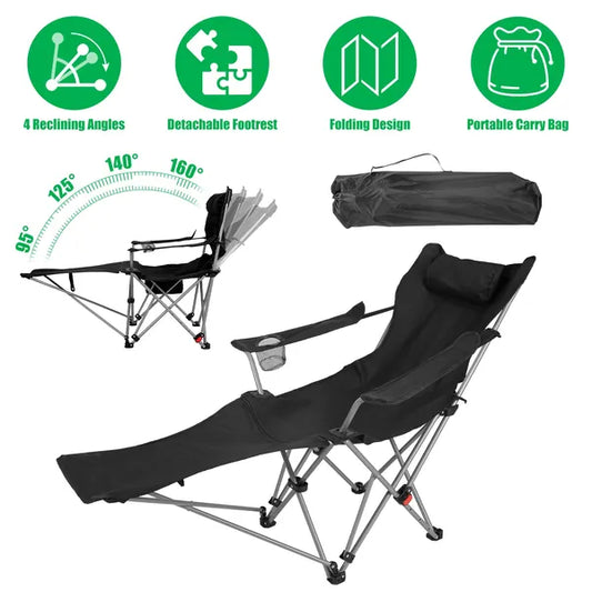 Reclining Camping Chair With Footrest 4-Position Adjustable Outdoor Folding Chair Heavy Duty Portable Camping Lounge Chair With Headrest Cup Holder & Side Pocket For Outdoor Beach Patio Travel