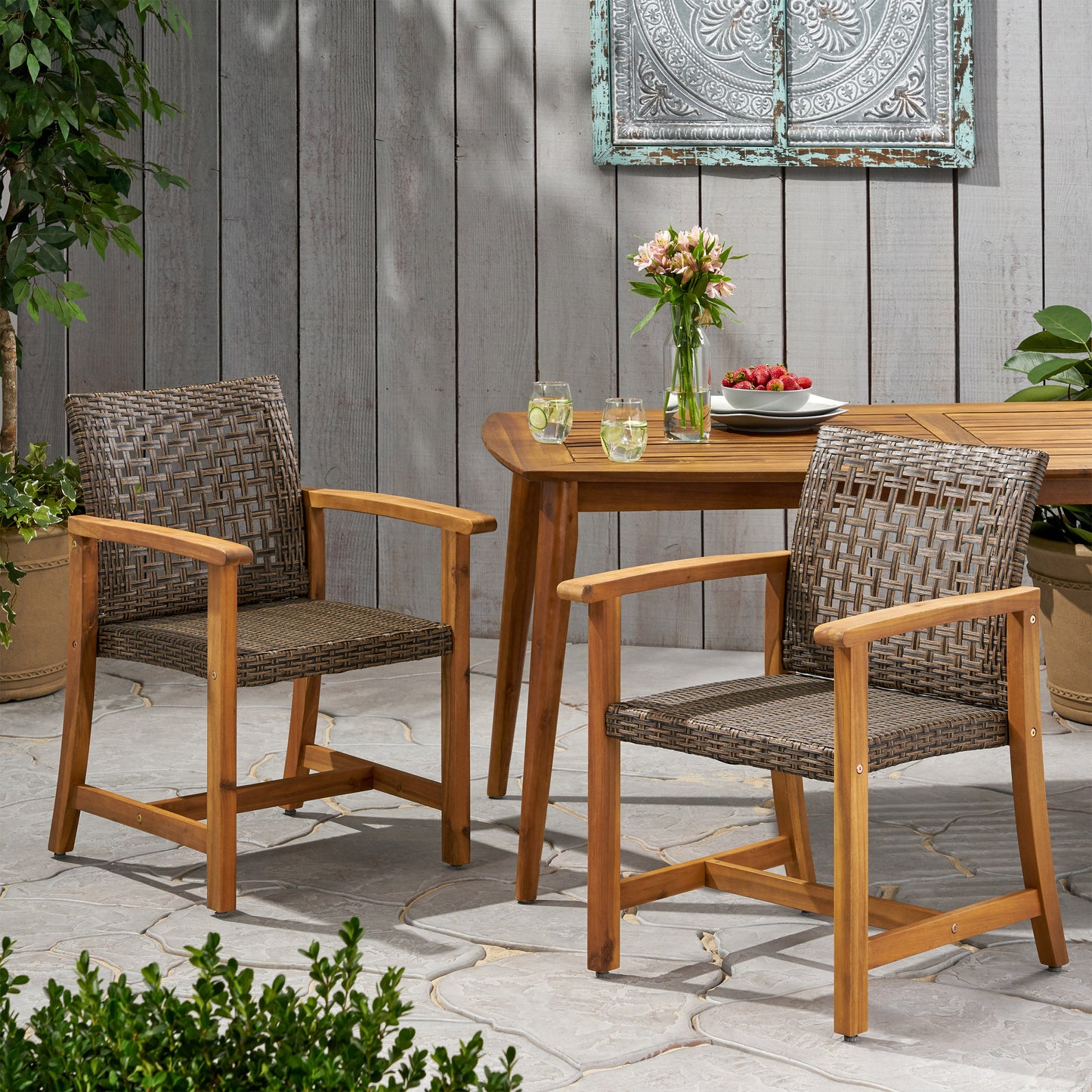 HAMPTON WOOD AND WICKER DINING CHAIR SET OF 2