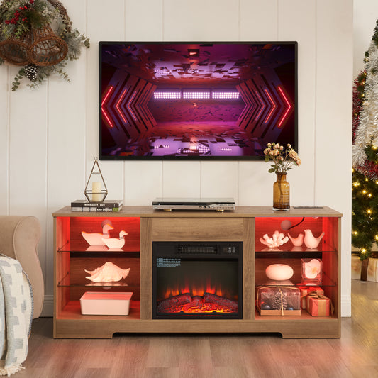 TV Stand Electric Fireplace TV Stand With Glass Shelves, 3D Fireplace TV Stand With LED Lights Wood With USB Charging Outlet Modern Television Table Center For TV Up To 32-62 OAK 58'Wx15.4''Dx24.6