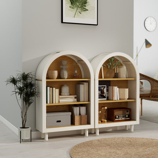 Arched Small Bookcase Set Of 2 ,Arched Storage Cabinet,Wooden Modern Arched Top Bookshelf With 3 Shelves,White With Woodgrain Shelves, 3-Tier Storage Shelf For Living Room, Bedroom, Entryway