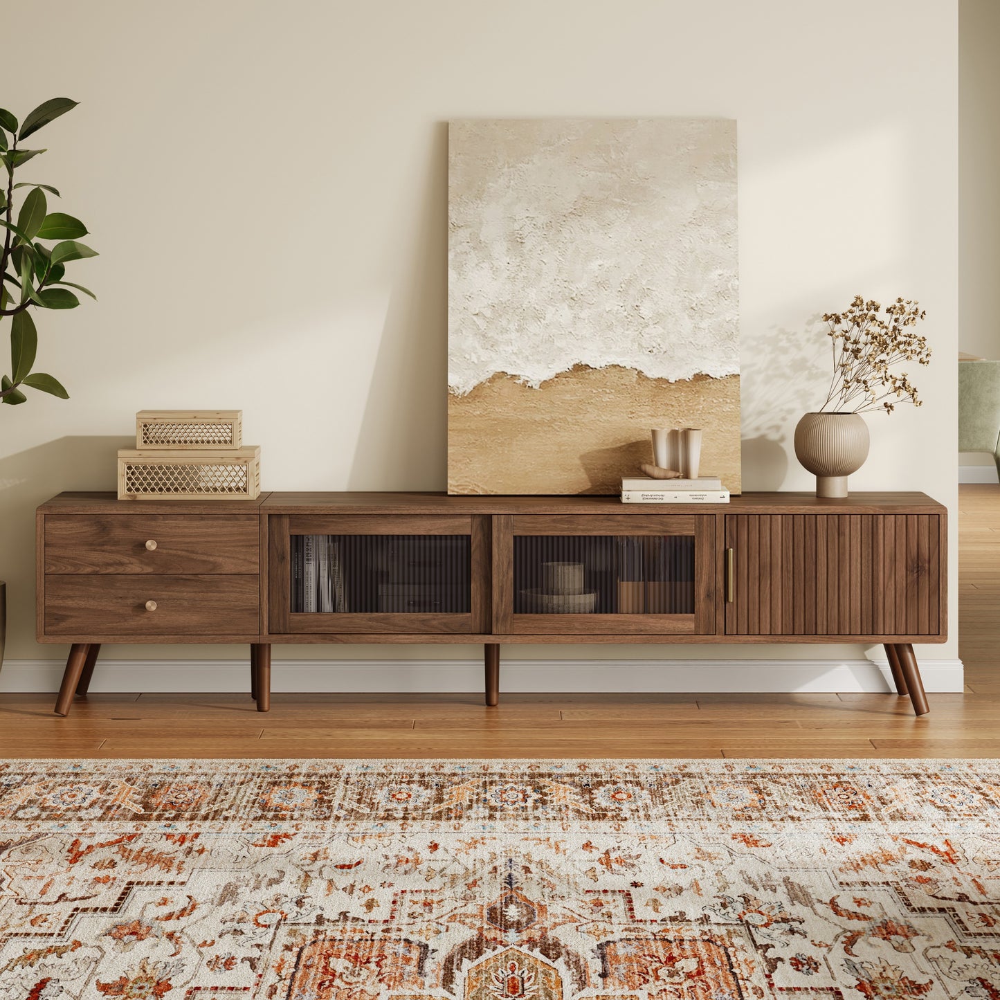 76 Modern Minimal Glass-Doors TV Stand For TVs Up To 85 Inches, Wood-Grain Entertainment Center With Storage Cabinets, TV Media Console Table For Living Room, Bedroom