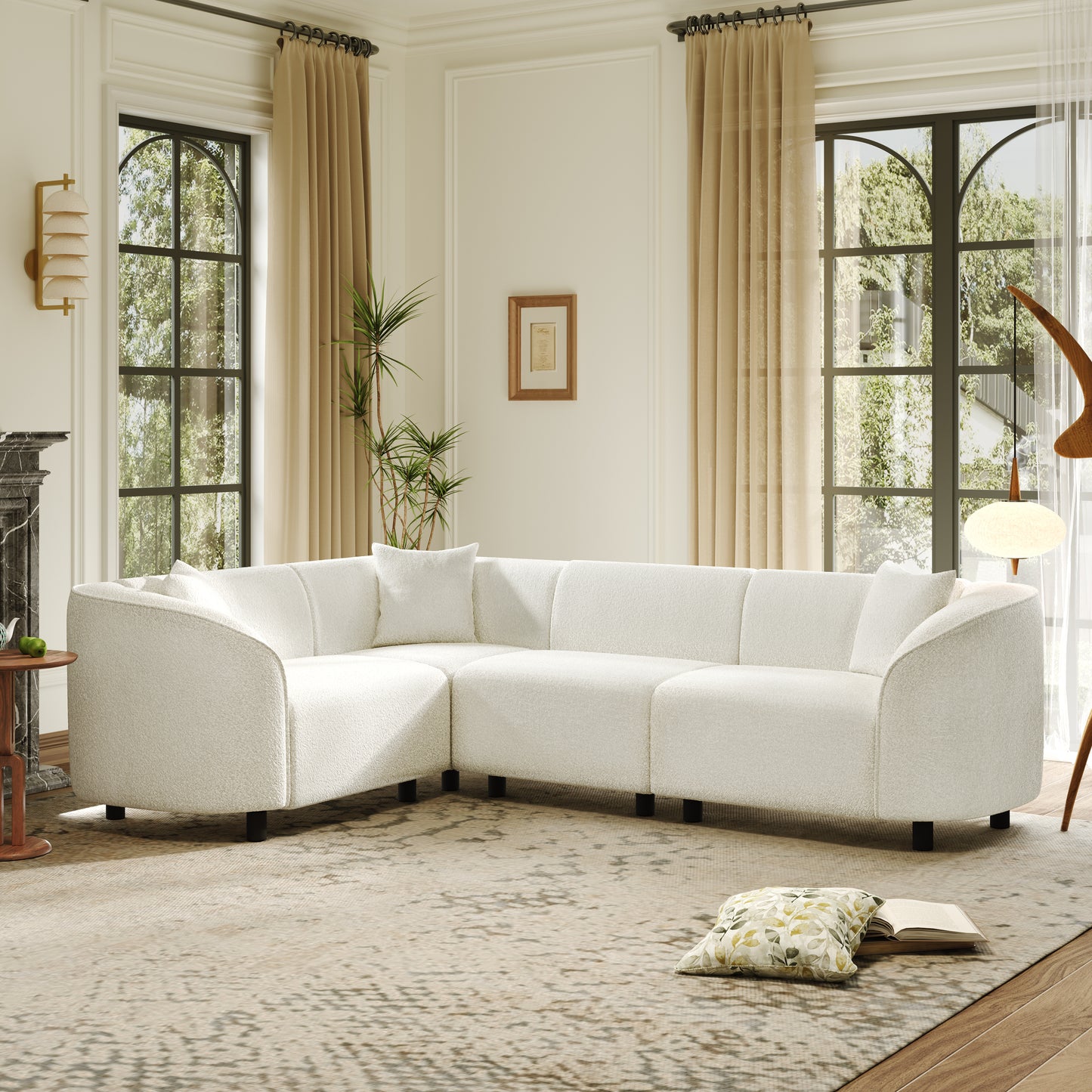 104 L-Shaped Curved Contemporary Sectional Sofa In Beige Plush 4-Seater, Sculptural Design & Premium Boucle Upholstery Modern Luxury For Spacious Living