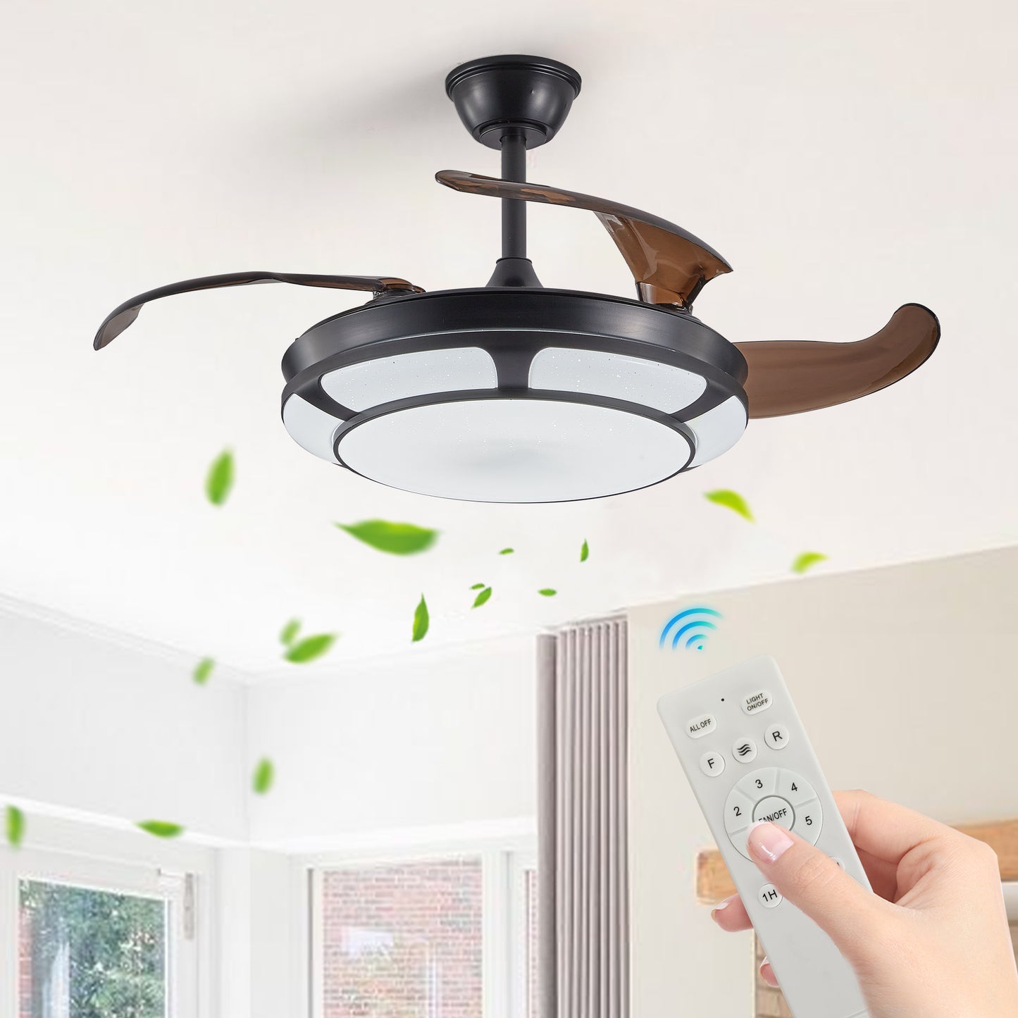 42 Retractable Ceiling Fan With Light, Modern LED Chandelier Fan With Remote Control, 6 Speed Adjustable Blades, Quiet DC Motor, Dimmable Lighting For Living Room, Bedroom, Dining Room