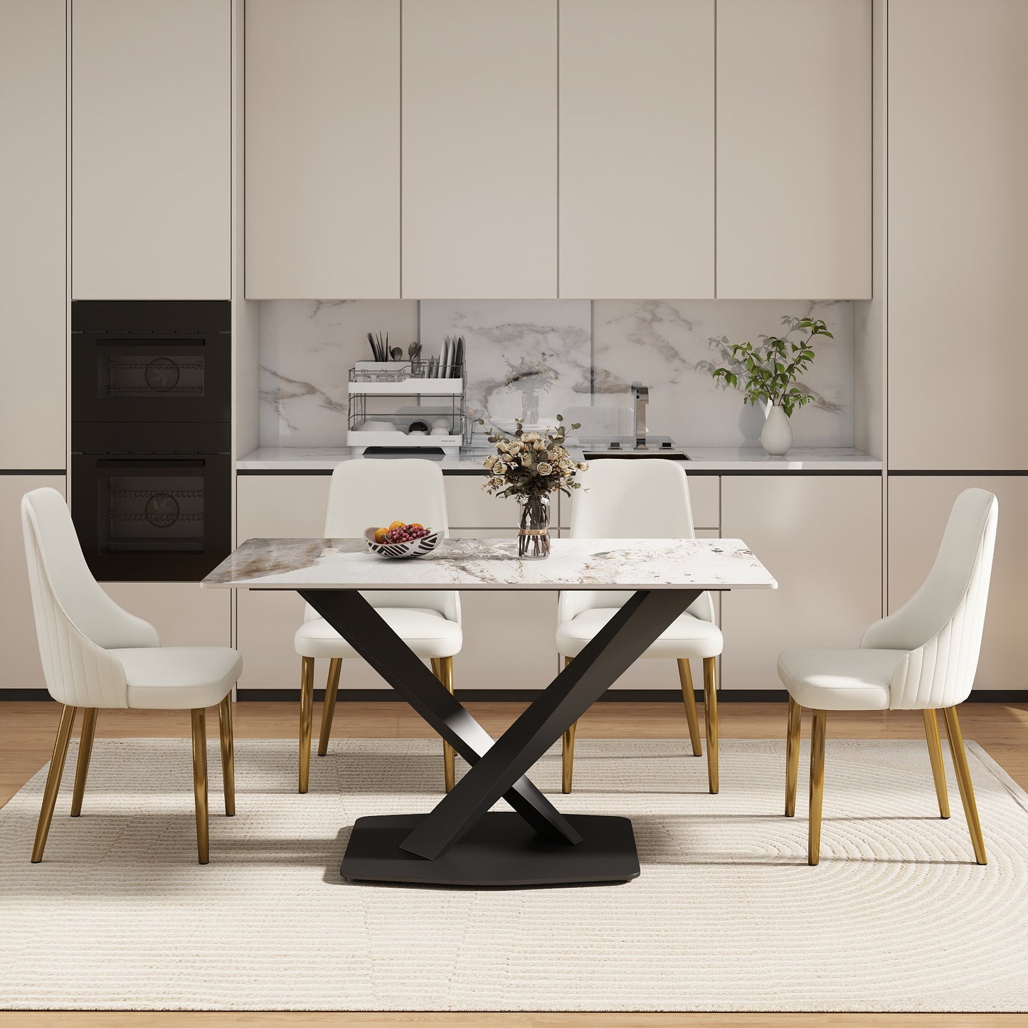 55.12 Modern Artificial Stone Pandora White Straight Edge Black Metal X-Leg Dining Table -6 People