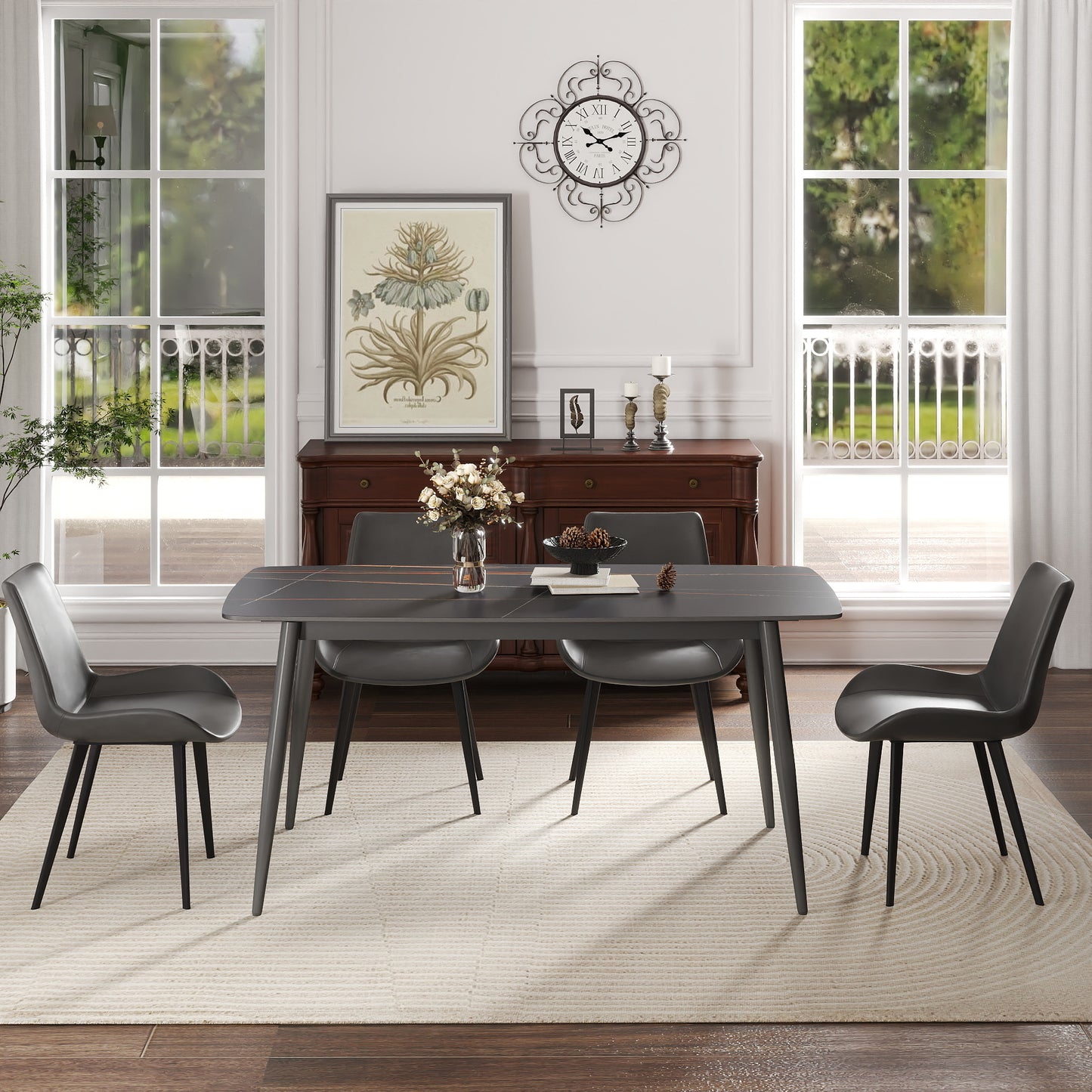 62.99 Modern Artificial Stone Black Curved Edge Dark Grey Metal Leg Dining Table-Can Accommodate 6 People Dining Table Only