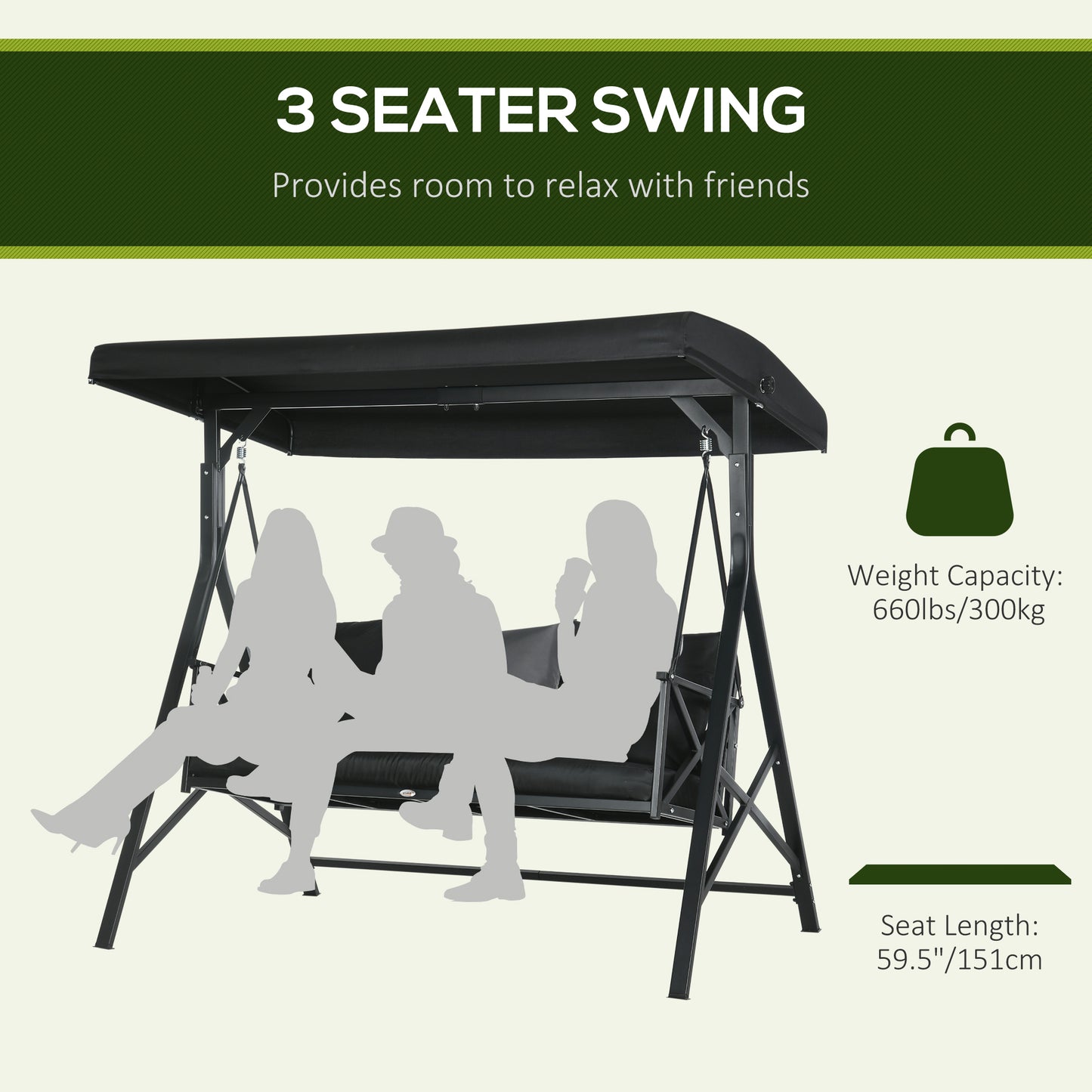 3-Seat Patio Swing Chair, Porch Swing Glider With Cushion, 3 Throw Pillows & Adjustable Canopy For Porch, Garden, Poolside, Backyard, Black