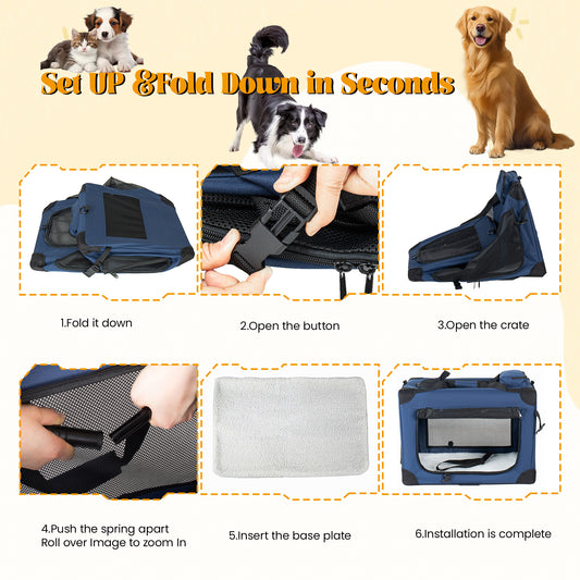 40 Soft Dog Crates Kennel, 3-Door Portable Folding Pet Carrier With Mesh Windows, Straps And Fleece Mat For Dogs, Cats, Rabbits, Meeting The Needs For Indoor, Outdoor, And Travel Use, Dark Blue