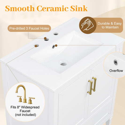Video 30 Elegant Fluted Bathroom Vanity With Ceramic Sink, Single Box Shipping, Solid Wood Legs, Soft-Close Doors & Drawer, Door Shelf, White