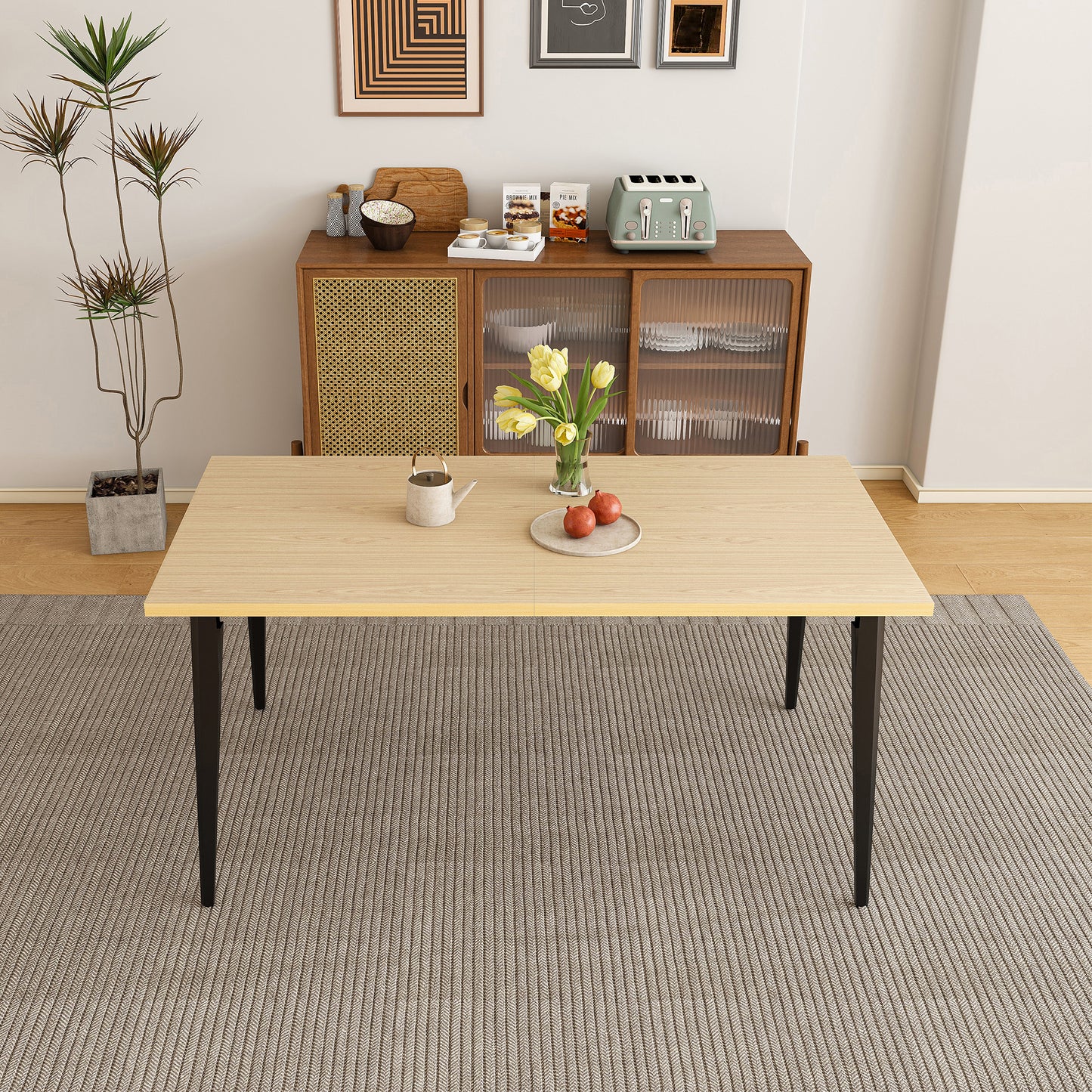 63-inch Modern Dining Table, Wooden Tabletop & Rust-Resistant Iron Legs, Rectangular Kitchen Table For 6-8 People, Rustic Industrial Design For Dining Room, Patio Table Only