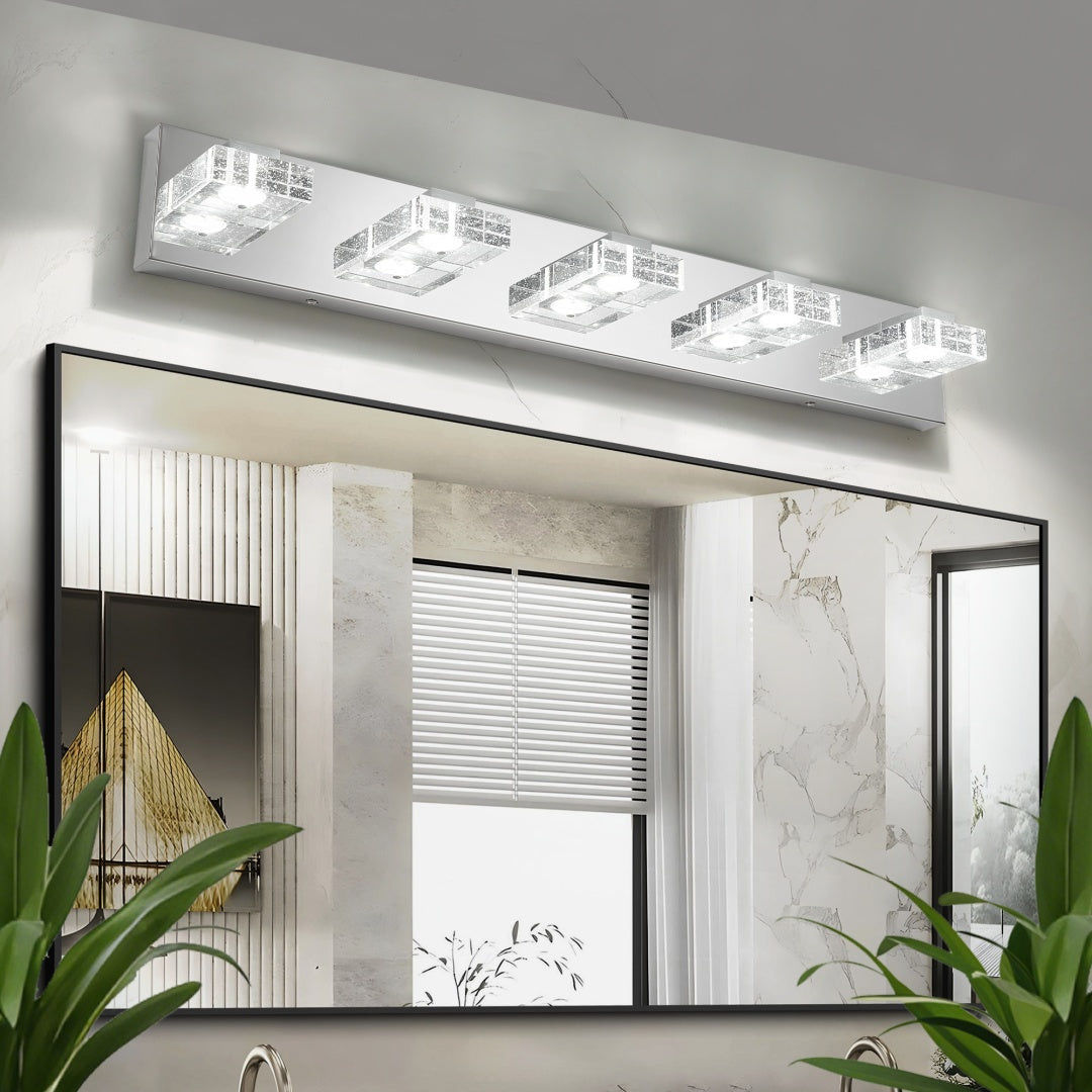 31 Modern Chrome 5-Light LED Vanity Light, Square Acrylic Lampshades Wall Mount Fixture For Bathroom, Mirror Lighting