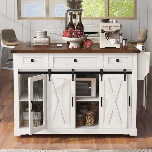 K&K 58 Farmhouse Kitchen Island With Storage,Sliding Barn Door & Metal Grid Side Door,Rolling Kitchen Island On 5 Wheels With Spice Rack,Glass Holders,Island Table With Drop Leaf For Kitchen,White