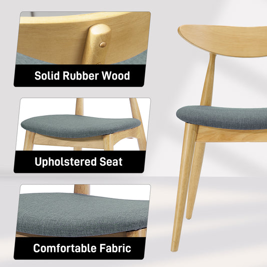 Set Of 2 Retro Rubberwood Chairs With Ergonomic Back & Plush Cushions, Natural-Gray