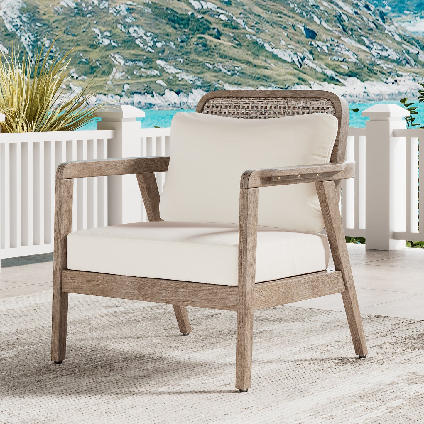 Outdoor Acacia Wood Patio Club Chair, Patio Furniture,Waterproof Thick Cushion Deep Seating For Porch, Garden, Backyard, Balcony, Weight Capacity 400lbs, Light Brown Finish, Cream Cushion