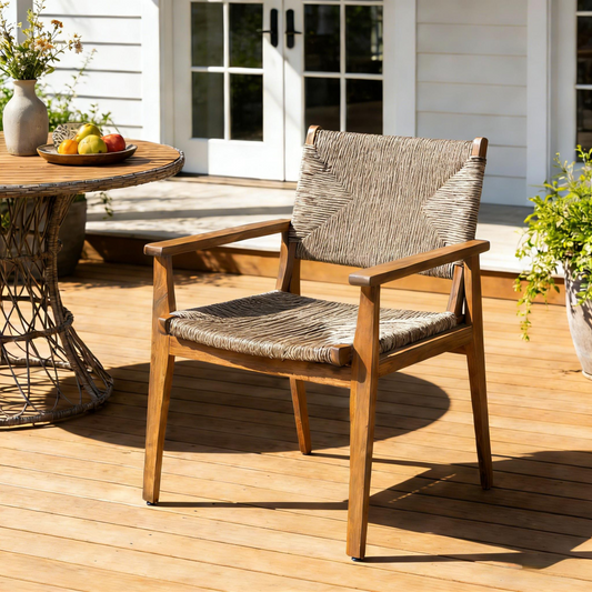 Durable Outdoor Dining Chair With Acacia Wood Frame, Handwoven Wicker Seat, Brown Finish, Patio Garden Furniture, Compatible With Matching Table
