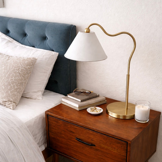 Ornate Brass Ring Base Curved Table Lamp With Triangle White Drum Shade, Gold, Metal, 18.25 X 9.50 X 22.00 Inches