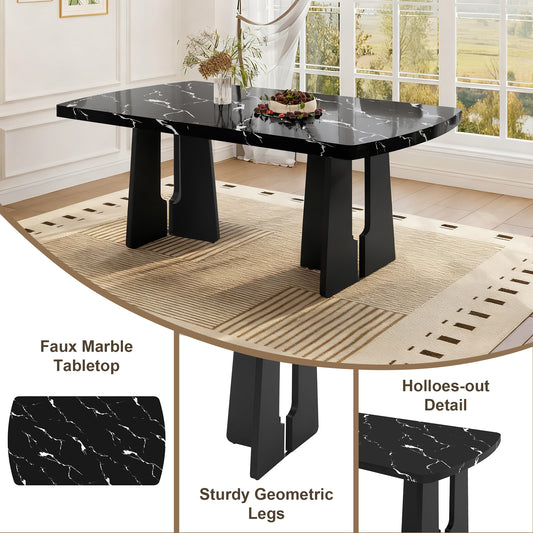 63 Modern Faux Marble Dining Table - Black White Marble Top With Sturdy Geometric Legs, Stylish Kitchen & Dining Room Table For Home, Apartment, Office, Easy To Assemble, Black