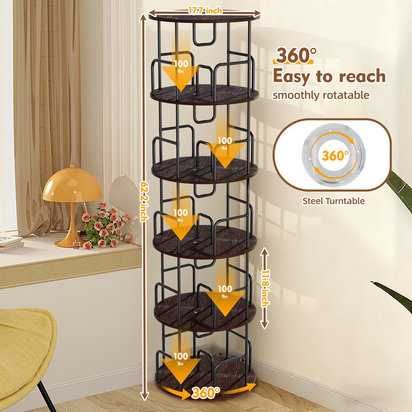 Rotating Bookshelf Tower 5 Tier Spinning Bookcase Revolving 360 Book Shelf Narrow Tall Bookcase Vertical Turning Round Storage Bookshelf Book Shelf Organizer For Bedroom Living Room Brown