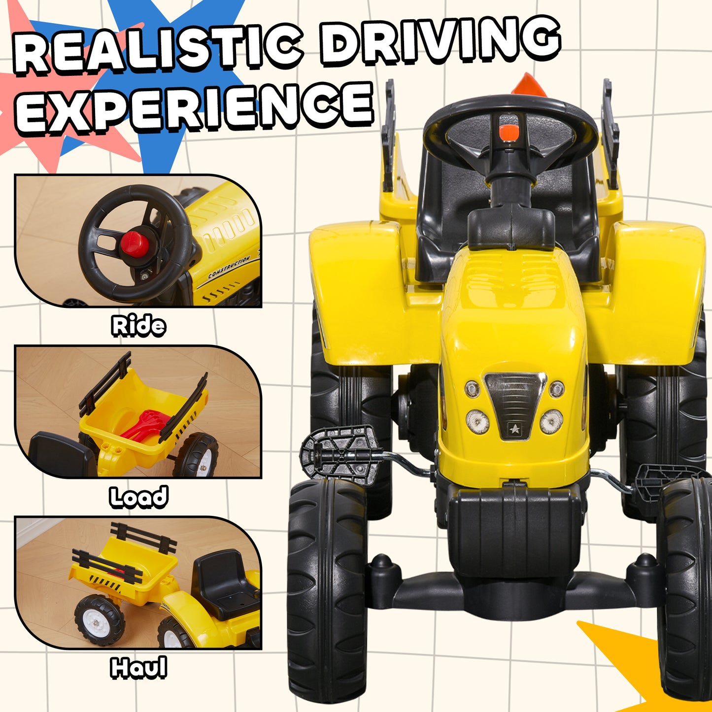 Kids Ride On Tractor With Back Trailer, Shovel & Rake, Horn, Pedal Go Kart For 3 Years Old, Yellow