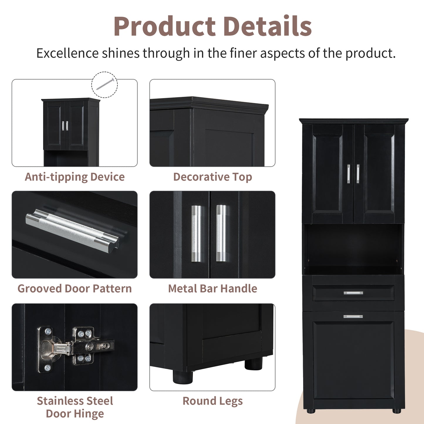 Tall Bathroom Cabinet With Laundry Basket, Large Storage Space Tilt-Out Laundry Hamper And Upper Storage Cabinet, Black